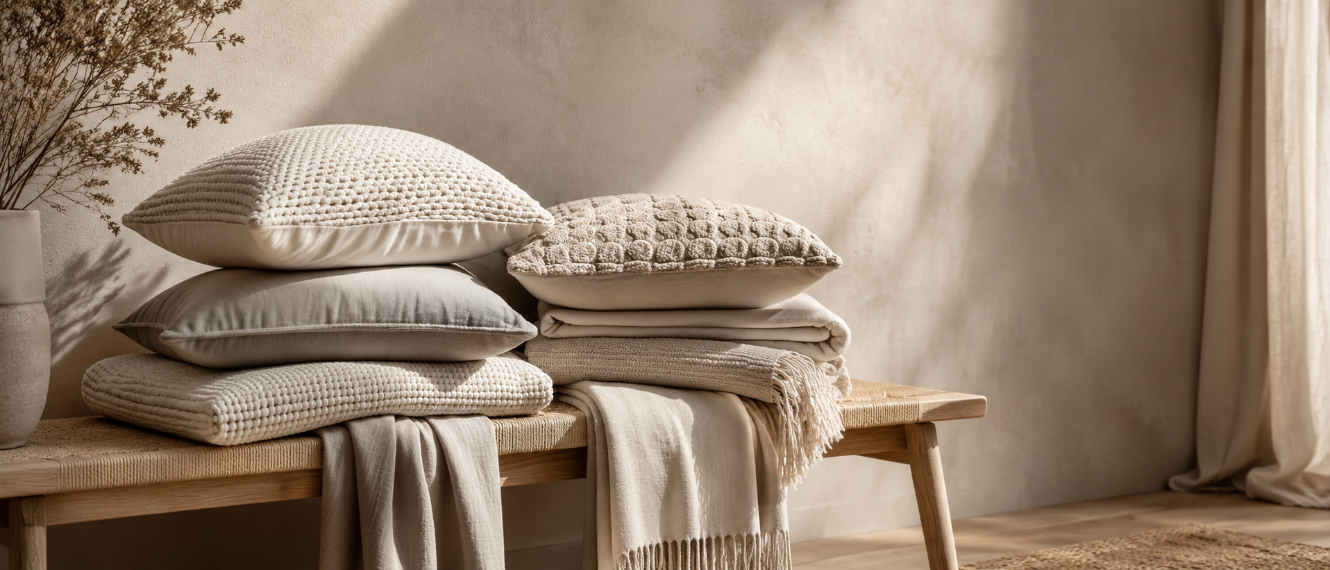 Soft home accessories arranged in a relaxed interior