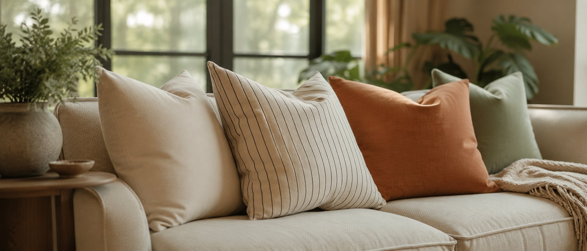 A bright living space styled with cushions and soft home textiles